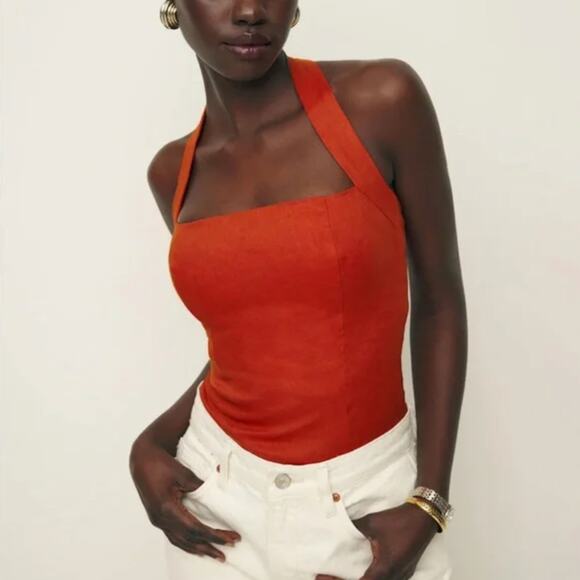 Reformation Malika Linen Halter Top Blood Orange Size 6 Smocked Straps Fitted - Picture 1 of 8